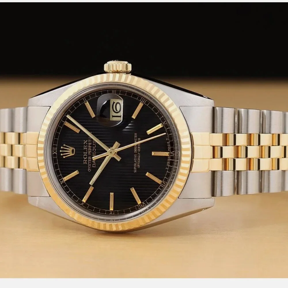 ROLEX MENS DATEJUST BLACK TAPESTRY DIAL 18K YELLOW GOLD STEEL WATCH